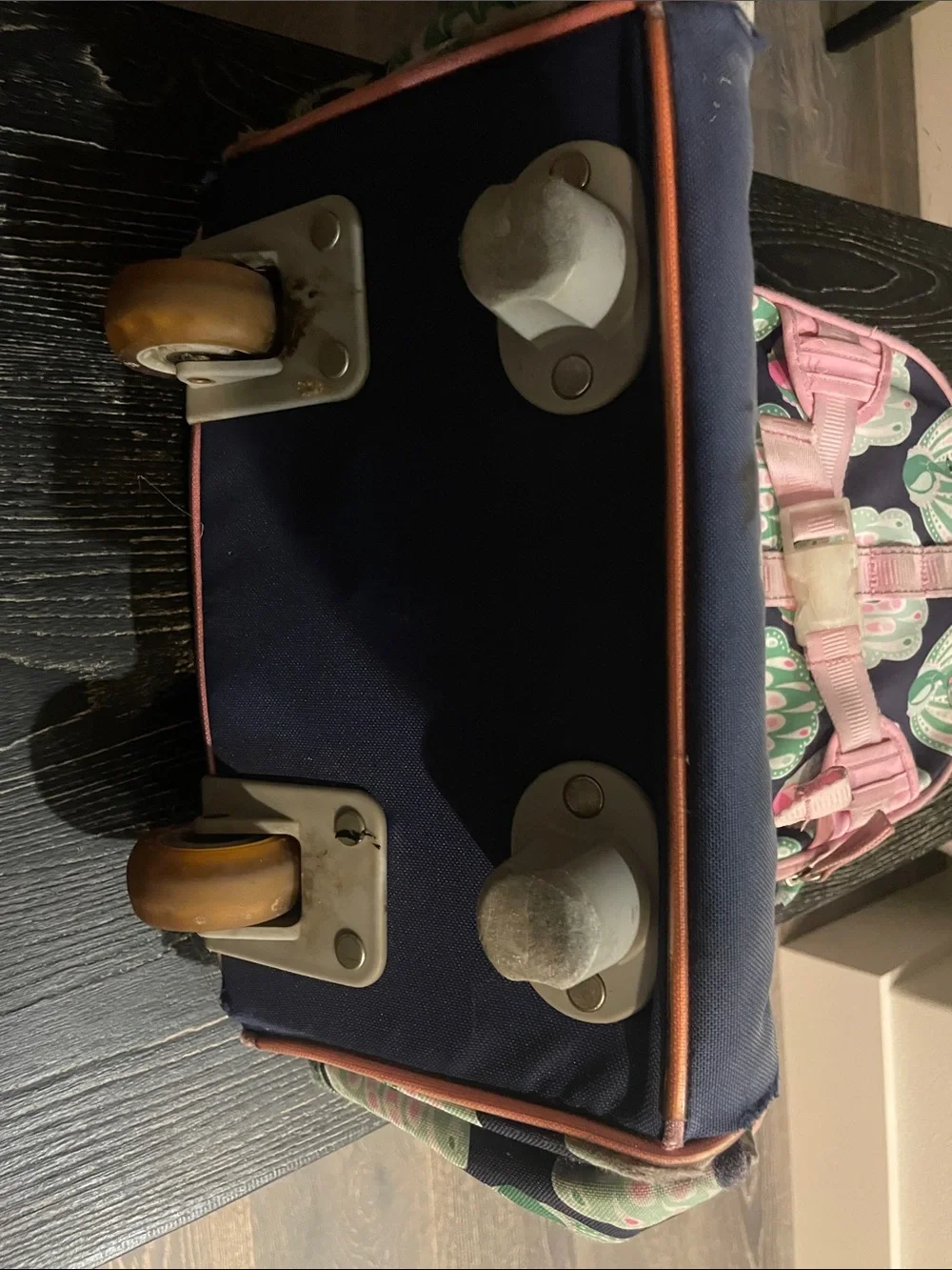 Pottery Barn Kids Navy Peacock-Print Rolling Backpack with Pink Trim